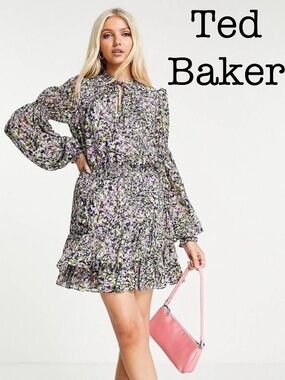 Ted Baker Karliie Lavender Multi Floral Long-Sleeve Tiered Mini Dress Size 4